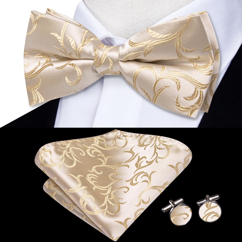 Dubulle Beige Champagne Bowtie for Men Paisley Floral Mens Pretied Bowtie Lapel Pin Set Pocket Square Cufflinks Wedding - Image 2